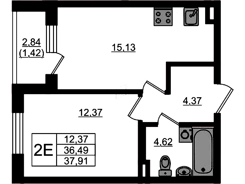 1-комнатная квартира 37.91 м², 1/4 эт., ЖК «Новая история»